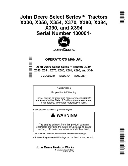 John Deere X330, X350, X354, X370, X380, X384, X390, X394 (SN:130001-150000) Lawn Tractors (N.America) Operators Manual (OMUC29734)