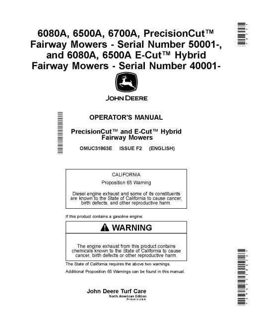 John Deere PrecisionCut 6080A,6500A,6700A(SN:050001-060000); 6080A,6500A ECut Hybrid Fairway Mowers, N.A. Operators Manual (OMUC31863E)