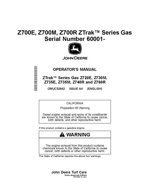 John Deere ZTrak Z720E, Z730M, Z735E, Z735M, Z740R, Z760R (SN:060001-090000) Zero-Turn Mowers (North America) Operators Manual (OMUC32642)
