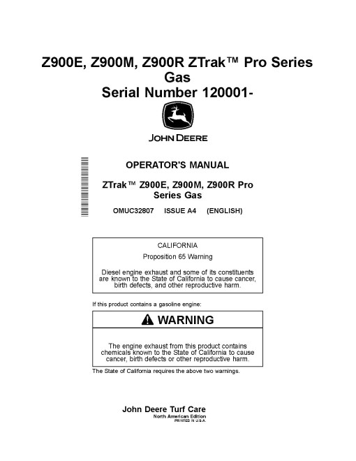 John Deere ZTrak Pro Z915E, Z920M, Z930M/R, Z950M/R, Z960M, Z970R Zero-Turn Mowers (North America) Operators Manual (OMUC32807E)