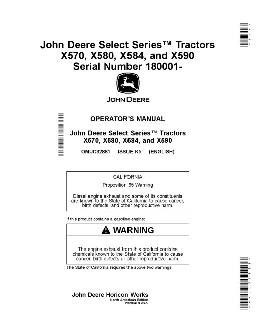 John Deere Select Series X570, X580, X584, X590 (SN: 180001-200000) Lawn Tractors (North America) Operators Manual (OMUC32881)