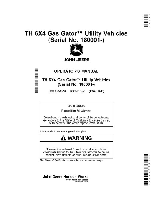John Deere TH 6x4 Gas Gator Utility Vehicles (SN: 180001 - 200000) (North America) Operators Manual (OMUC33354)