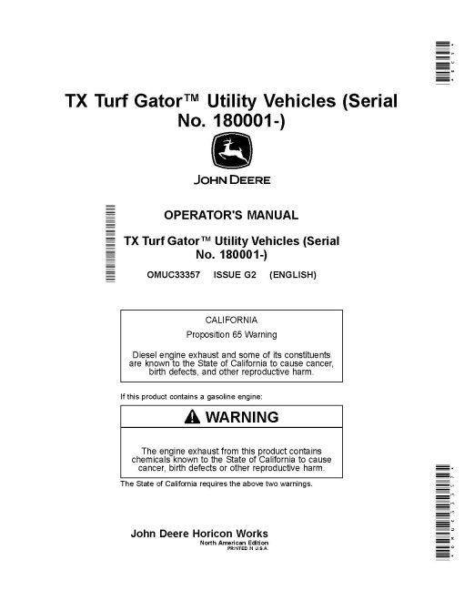 John Deere TX Turf Gator Utility Vehicles (SN: 180001 - 200000) (North America) Operators Manual (OMUC33357)