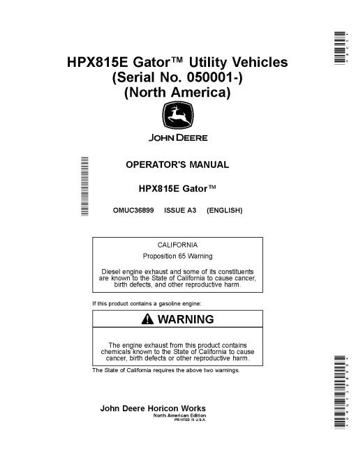 John Deere HPX815E Gator Utility Vehicles (SN: 050001 - 080000) (North America) Operators Manual (OMUC36899)