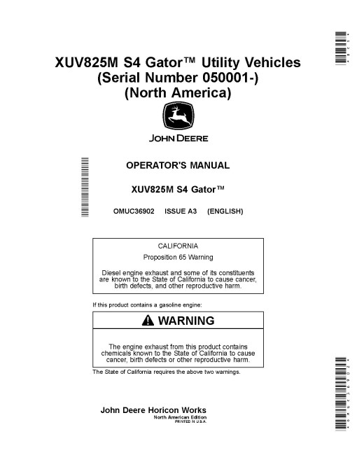 John Deere XUV825M S4 Gator Utility Vehicles (SN: 050001 - 080000) (North America) Operators Manual (OMUC36902)