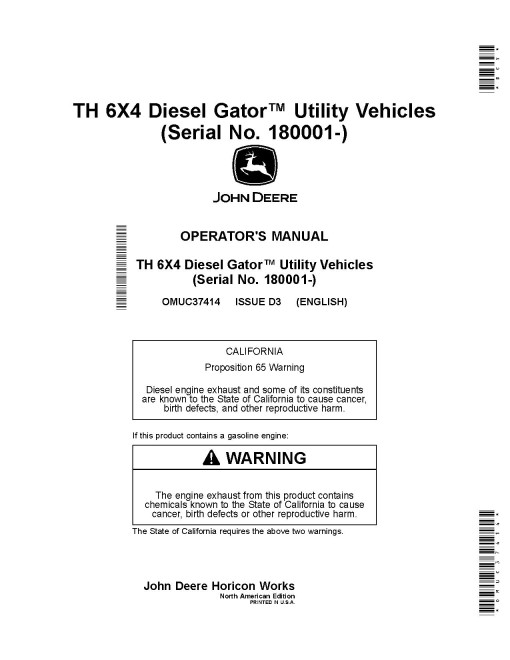 John Deere TH 6x4 Diesel Gator Utility Vehicles (SN: 180001 - 200000) (North America) Operators Manual (OMUC37414)