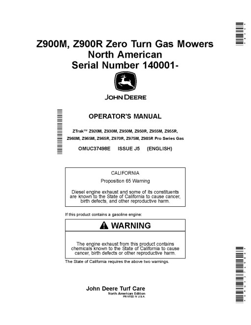 John Deere ZTrak Z920M, Z930M, Z950M/R, Z955M/R, Z960M, Z965M/R, Z970R, Z975M, Z985R Mowers (North America) Operators Manual (OMUC37498E)