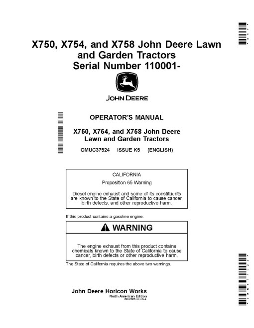John Deere X750, X754 and X758 (SN: 110001-140000) Lawn Tractors (North America) Operators Manual (OMUC37524)