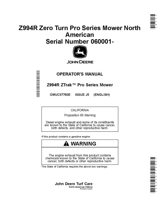 John Deere ZTrak Pro Z994R (SN: 060001-090000) Zero-Turn Diesel Mowers (North America) Operators Manual (OMUC37760E)