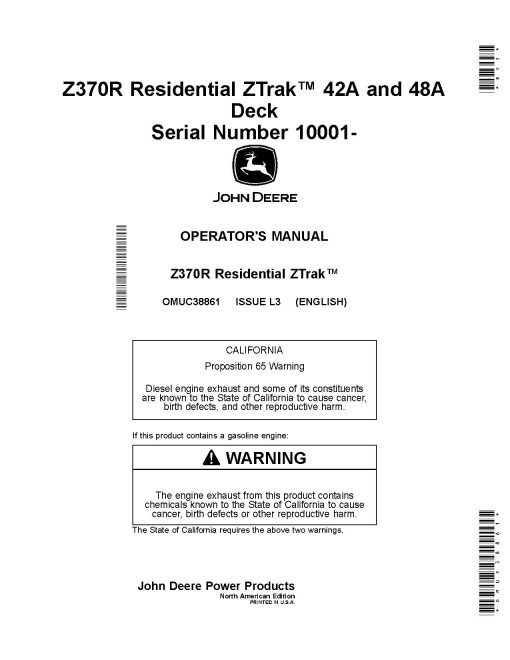 John Deere ZTrak Z370R (SN: 010001-050000) Electric Zero-Turn Mowers (North America) Operators Manual (OMUC38861)