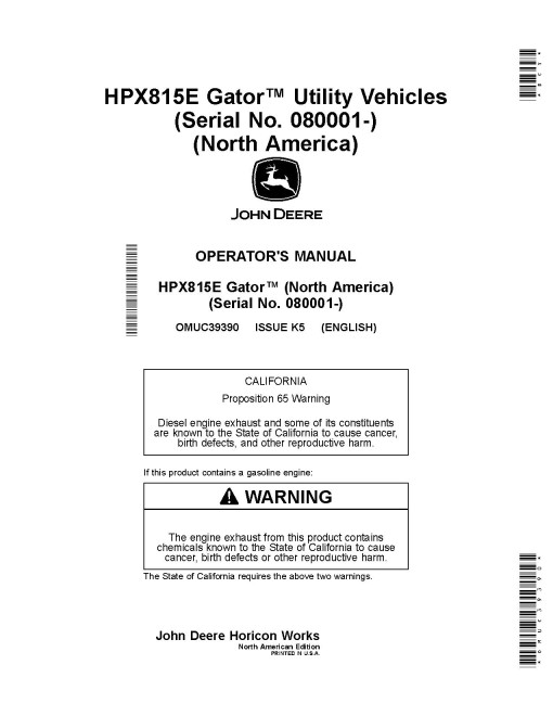 John Deere HPX815E Gator Utility Vehicles (SN: 080001 - 090000) (North America) Operators Manual (OMUC39390)