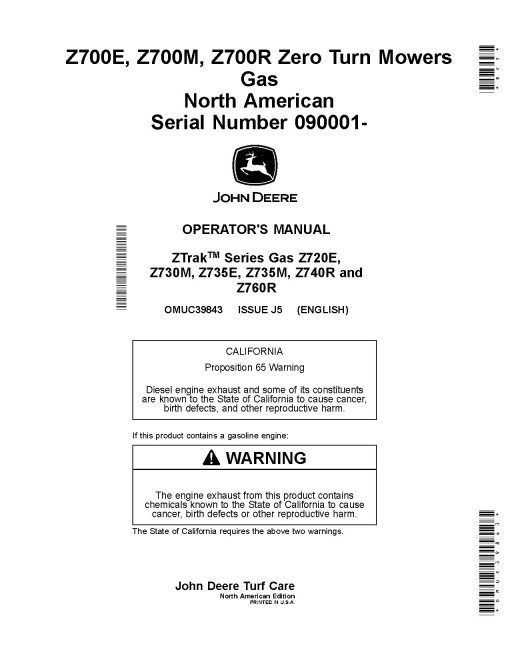 John Deere ZTrak Z720E, Z730M, Z735E, Z735M, Z740R, Z760R (SN:090001-100000) Zero-Turn Mowers (North America) Operators Manual (OMUC39843)