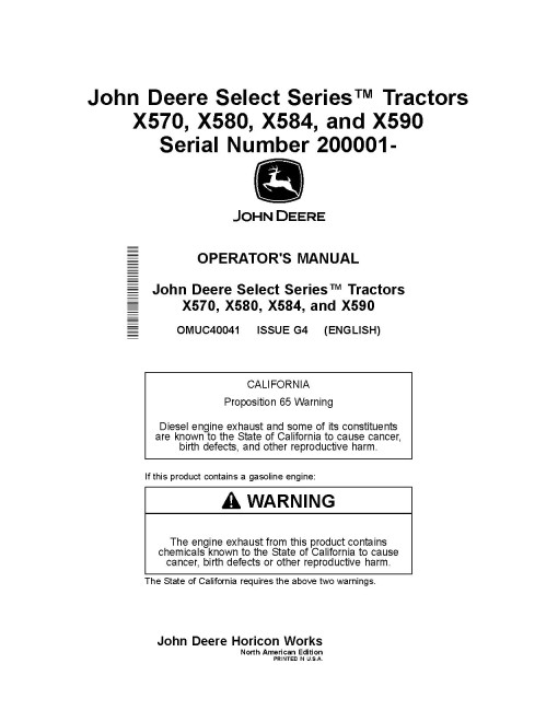 John Deere Select Series X570, X580, X584, X590 (SN: 200001-210000) Lawn Tractors (North America) Operators Manual (OMUC40041)
