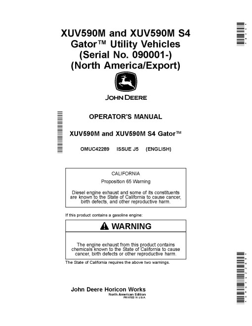 John Deere XUV590M and XUV590M S4 Gator Utility Vehicles (SN: from 090001) (North America, Export) Operators Manual (OMUC42289)