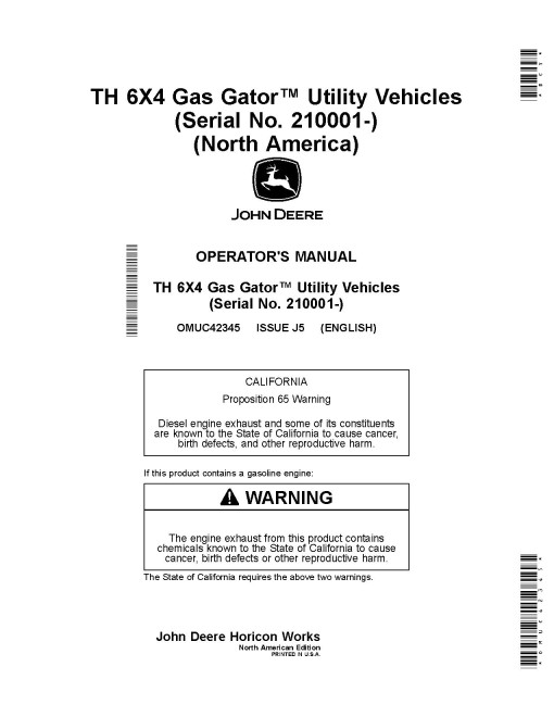 John Deere TH 6x4 Gas Gator Utility Vehicles (SN: from 210001) (North America) Operators Manual (OMUC42345)