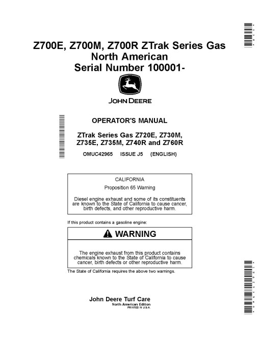 John Deere ZTrak Z720E, Z730M, Z735E, Z735M, Z740R, Z760R (SN. from 100001) Zero-Turn Mowers (North America) Operators Manual (OMUC42965)