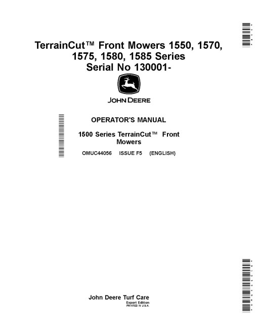 John Deere 1550, 1570, 1575, 1580 and 1585 TerrainCut Front Mowers (SN:130001-140000) (Export) Operators Manual (OMUC44056)