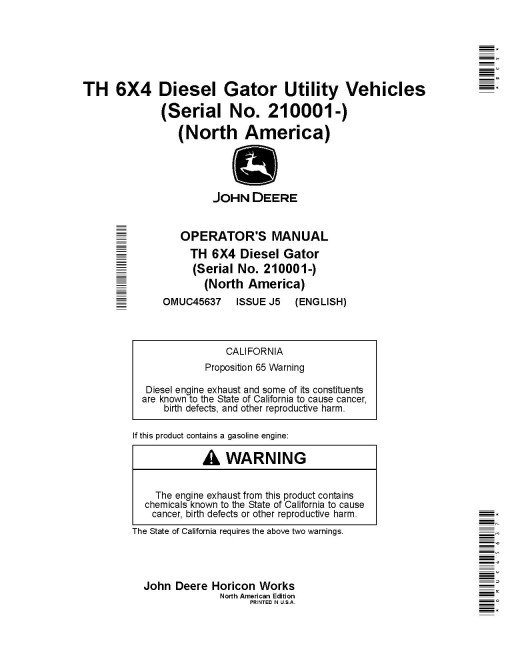 John Deere TH 6x4 Diesel Gator Utility Vehicles (SN: from 210001) (North America) Operators Manual (OMUC45637)