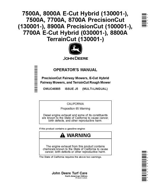 John Deere 7500A,7700A,8700A,8900A Fairway; 7500A,8000A Hybrid Fairway; 8800A Rough Mowers (N.America) Operators Manual (OMUC46905)