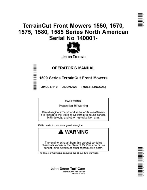 John Deere 1550, 1570, 1575, 1580 and 1585 TerrainCut Front Mowers (SN. from 140001) (N.America) Operators Manual (OMUC47410)