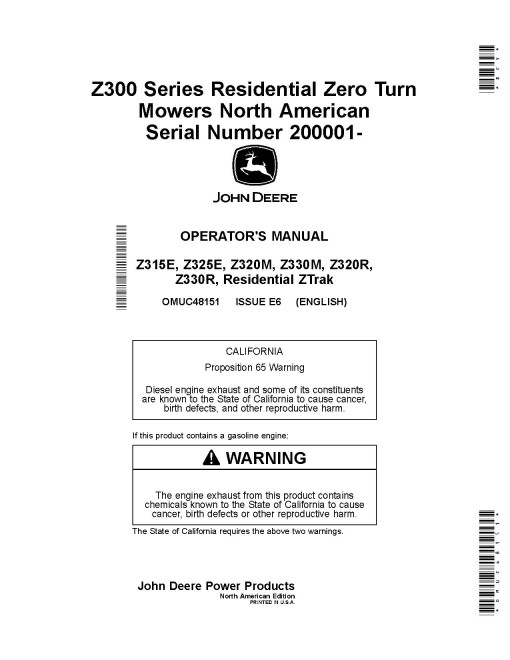 John Deere ZTrak Z315E, Z320M, Z320R, Z325E, Z330M, Z330R (SN. from 200001) Zero-Turn Mowers (North America) Operators Manual (OMUC48151)