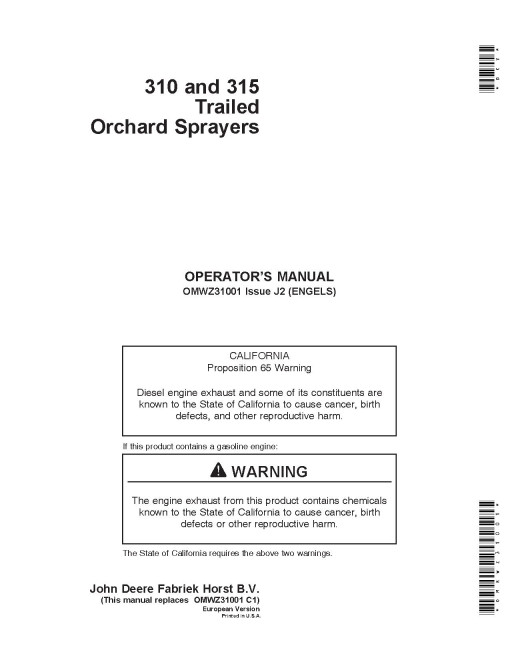 John Deere 310 and 315 Orchand Trailed Sprayers (Europe) Operators Manual (OMWZ31001)