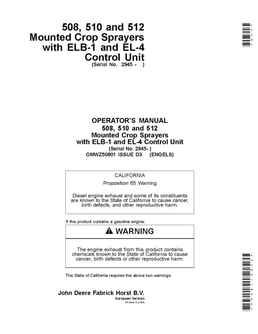 John Deere 508, 510 and 512 Mounted Sprayers w.ELB-1, EL-4 Control Unit, SN: up to 002945, Europe Operators Manual (OMWZ50801)