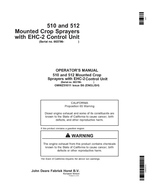 John Deere 510 and 512 Mounted Sprayers w.EHC-2 Control Unit, SN:from 003786, Europe, Operators Manual (OMWZ51011)