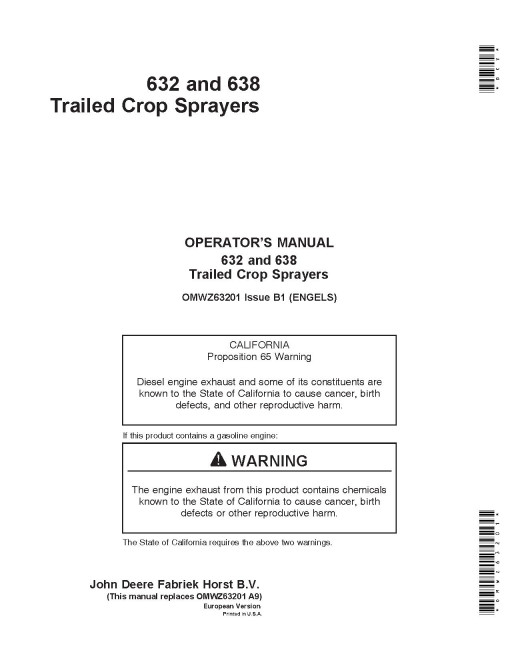 John Deere 632 and 638 Trailed Crop Sprayers (Europe) Operators Manual (OMWZ63201)