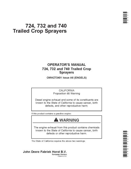 John Deere 724, 732 and 740 Trailed Crop Sprayers (Europe) Operators Manual (OMWZ72401)