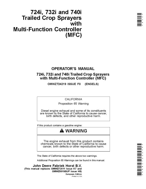 John Deere 724i, 732i and 740i Trailed Crop Sprayers w.Multi­Function Controller (Europe) Operators Manual (OMWZ724219)