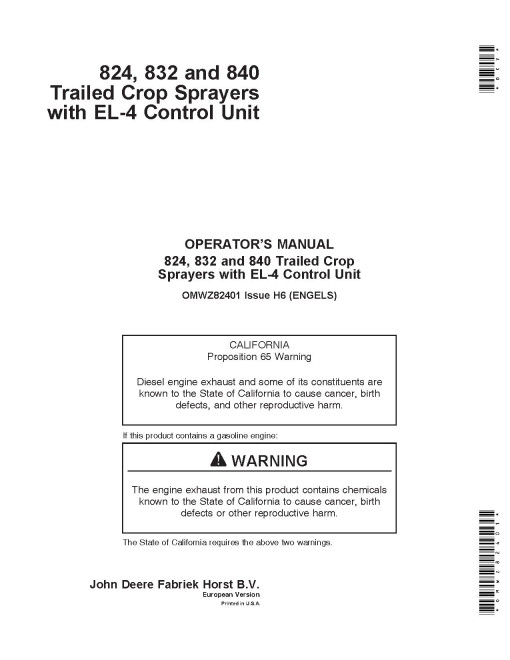 John Deere 824, 832 and 840 Trailed Crop Sprayers w. EL-4 Control Unit (Europe) Operators Manual (OMWZ82401)
