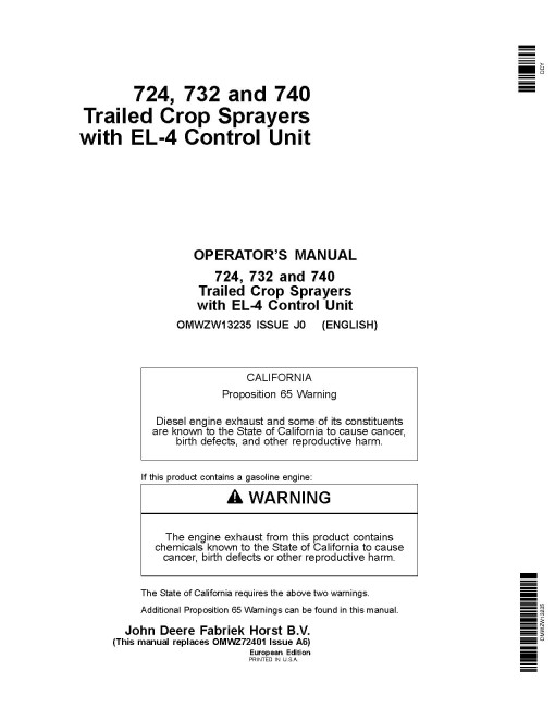 John Deere 724, 732 and 740 Trailed Crop Sprayers with EL-4 Control Unit (Europe) Operators Manual (OMWZW13235)