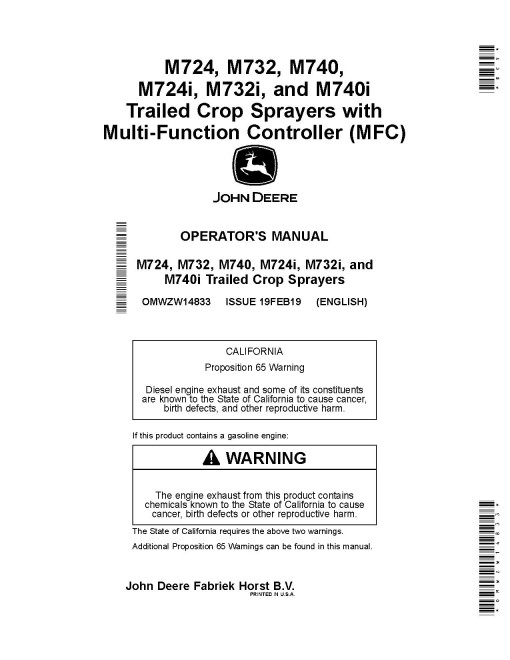John Deere M724, M724i, M732, M732i, M740 and M740i Trailed Crop Sprayers (up to MY2020) (Europe) Operators Manual (OMWZW14833)
