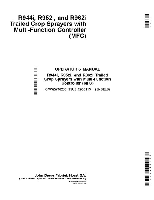 John Deere R944i, R952i and R962i Trailed Crop Sprayers (MY2014) (Europe) Operators Manual (OMWZW16250)