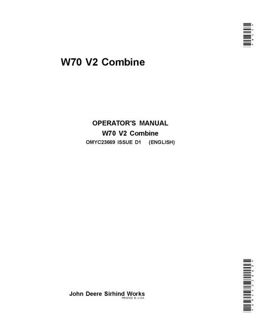 John Deere W70 Combines V2 Operators Manual (OMYC23669)