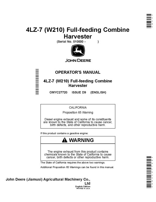 John Deere 4LZ-7 (W210) Combines (SN: from 010000) (Asia) Operators Manual (OMYC27720)