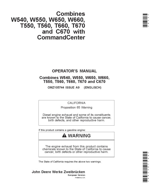 John Deere C670, T550, T560, T660, T670, W540, W550, W650, W660 Combines (MY2008-2009) (Europe) Operators Manual (OMZ105744)