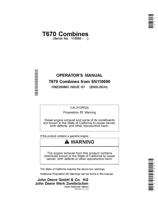 John Deere T670 Combines (SN: 110000 - 114999) (North America) Operators Manual (OMZ200863)