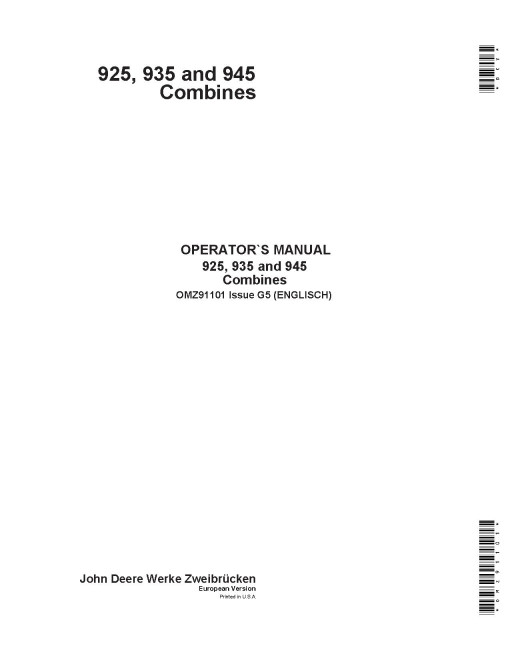 John Deere 925, 935 and 945 Combines (Europe) Operators Manual (OMZ91101)