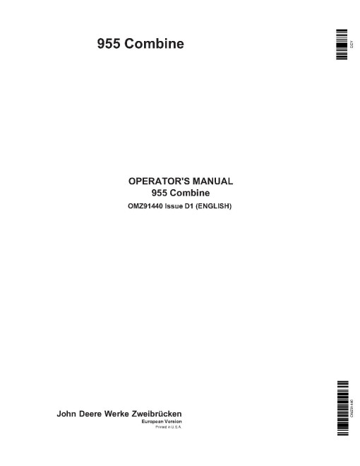 John Deere 955 Combines (SN: from 018098) (Europe) Operators Manual (OMZ91440)