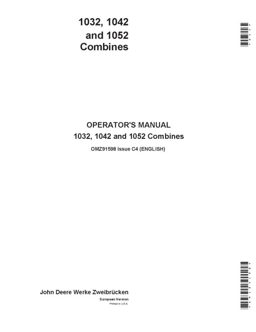 John Deere 1032, 1042 and 1052 Combines Operators Manual (OMZ91598)