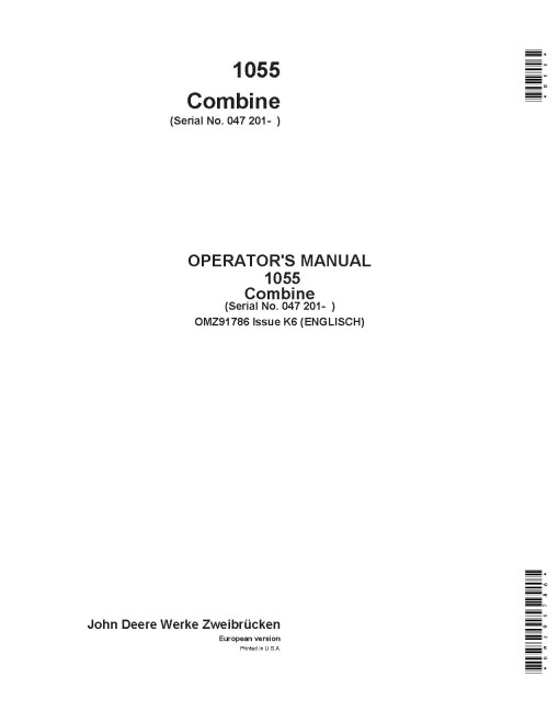 John Deere 1055 Combines (SN: from 047201) (Europe) Operators Manual (OMZ91786)