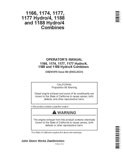 John Deere 1166, 1174, 1177, 1177 Hydro/4, 1188 and 1188 Hydro/4 Combines (SN: up to 056349) Operators Manual (OMZ91870)