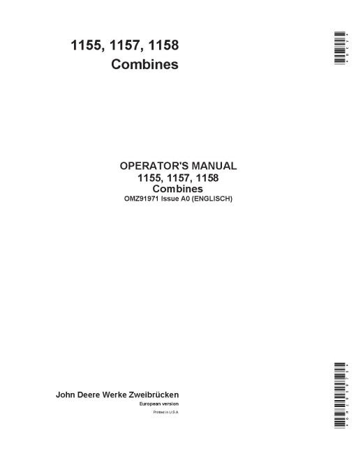 John Deere 1155, 1157 and 1158 Combines (Europe) Operators Manual (OMZ91971)