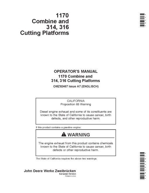 John Deere 1170 (SN: up to 062612) Combines, 314 and 316 Cutting Platforms Operators Manual (OMZ92467)