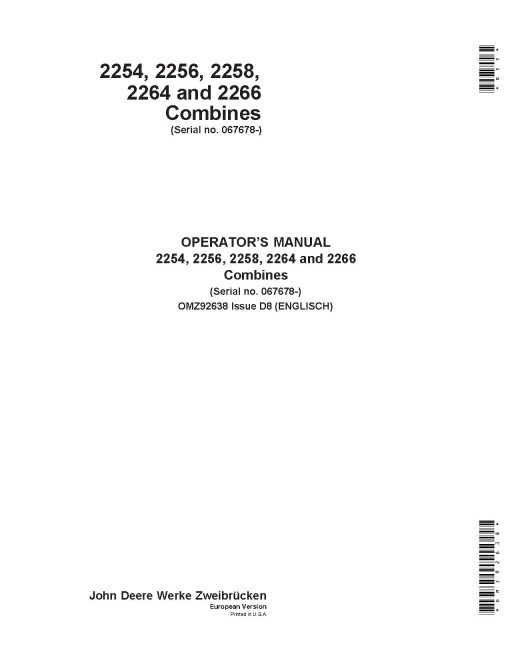 John Deere 2254, 2256, 2258, 2264 and 2266 Combines (SN: 067678 - 068583) (Europe) Operators Manual (OMZ92638)