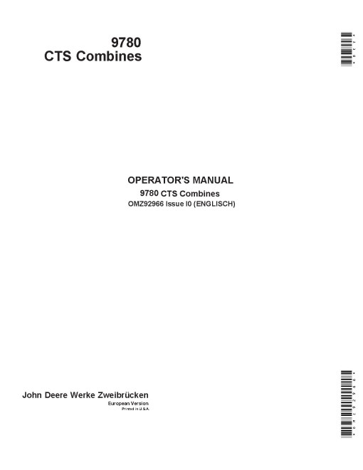 John Deere 9780 CTS Combines (SN: up to 072697) Operators Manual (OMZ92966)