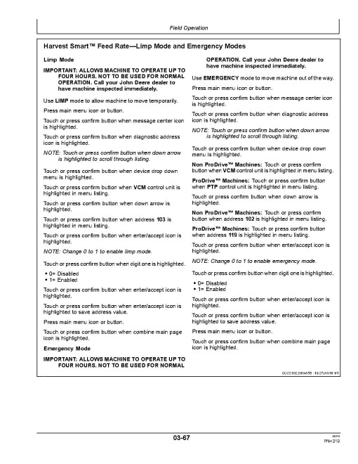 John Deere T550, T560, T660, T670, W540, W550, W650, W660 and HillMaster Combines (SN:105000-129999) (Europe) Operators Manual (OMZ93224)