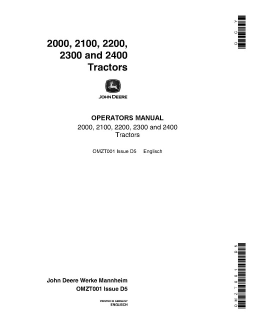John Deere 2000, 2100, 2200, 2300 and 2400 Tractors (Europe) Operators Manual (OMZT001)